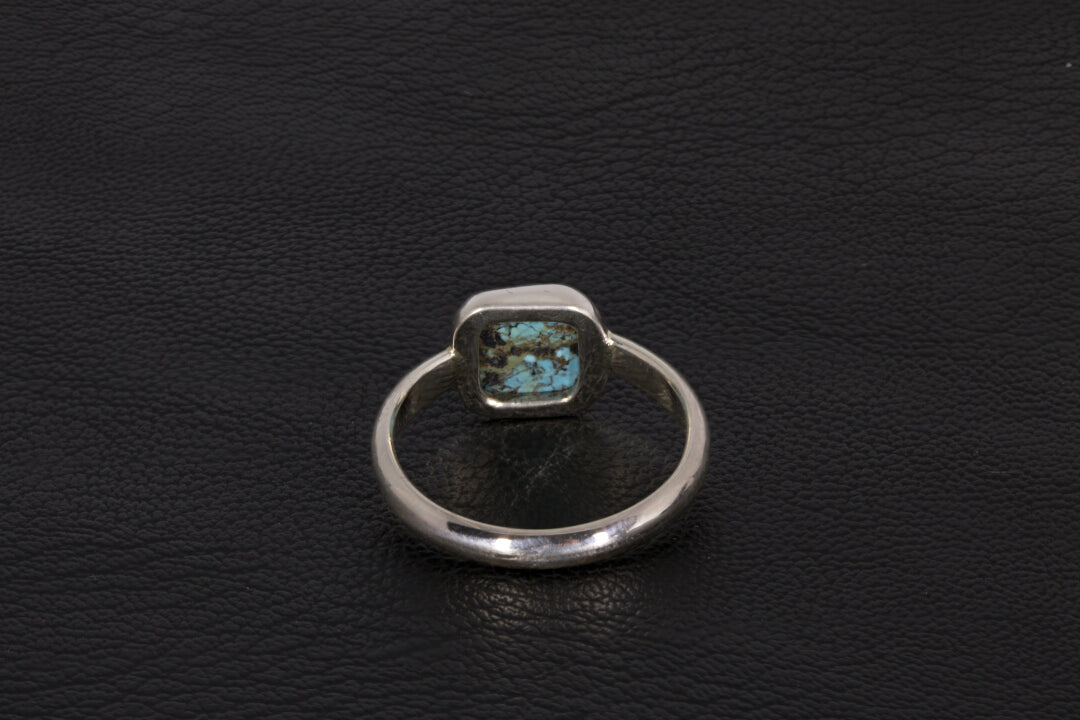 Square shaped Hubei Turquoise ring set in sterling silver with open back, back view