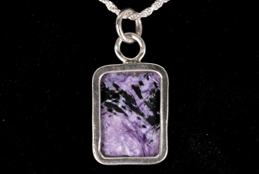 Charoite Rectangle Pendant With Black Crystal Spray Set In Sterling Silver