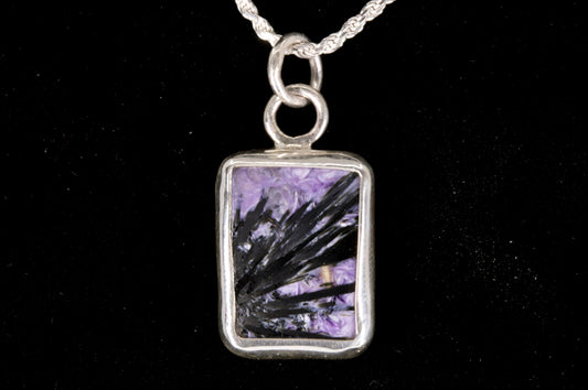 Charoite Rectangle Pendant With Black Crystal Spray Set In Sterling Silver
