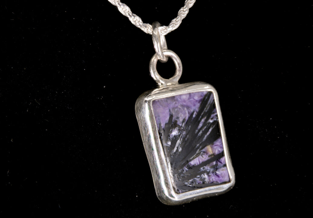 Charoite Rectangle Pendant With Black Crystal Spray Set In Sterling Silver
