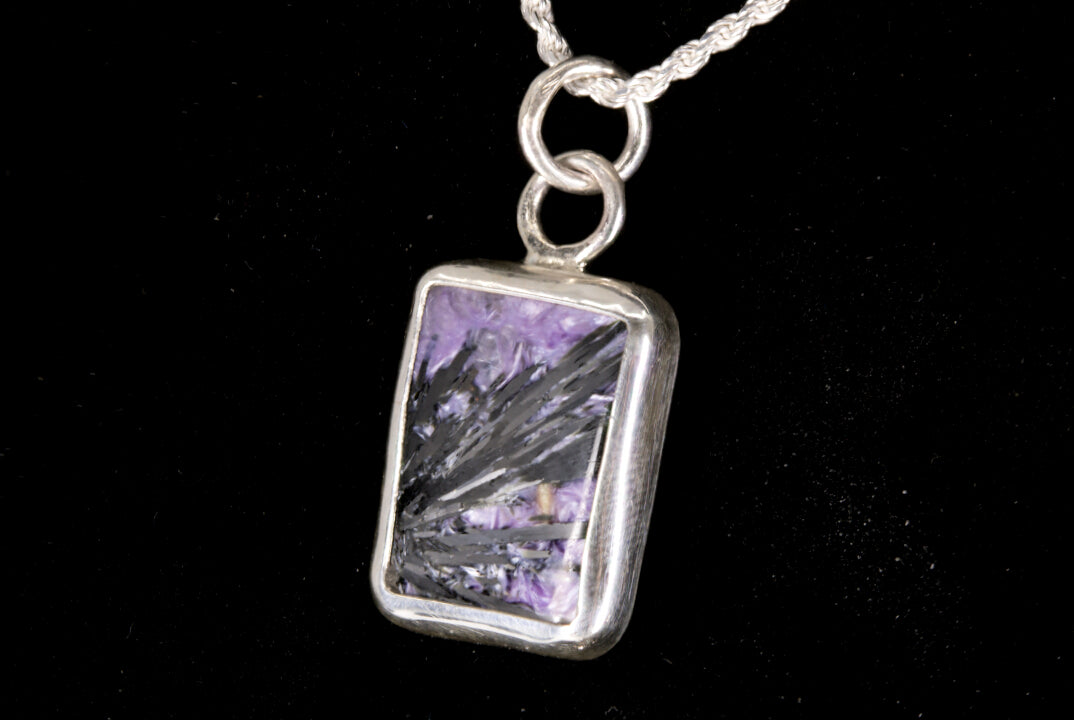 Charoite Rectangle Pendant With Black Crystal Spray Set In Sterling Silver