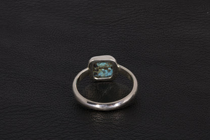 Square shaped Hubei Turquoise ring set in sterling silver with open back, back view