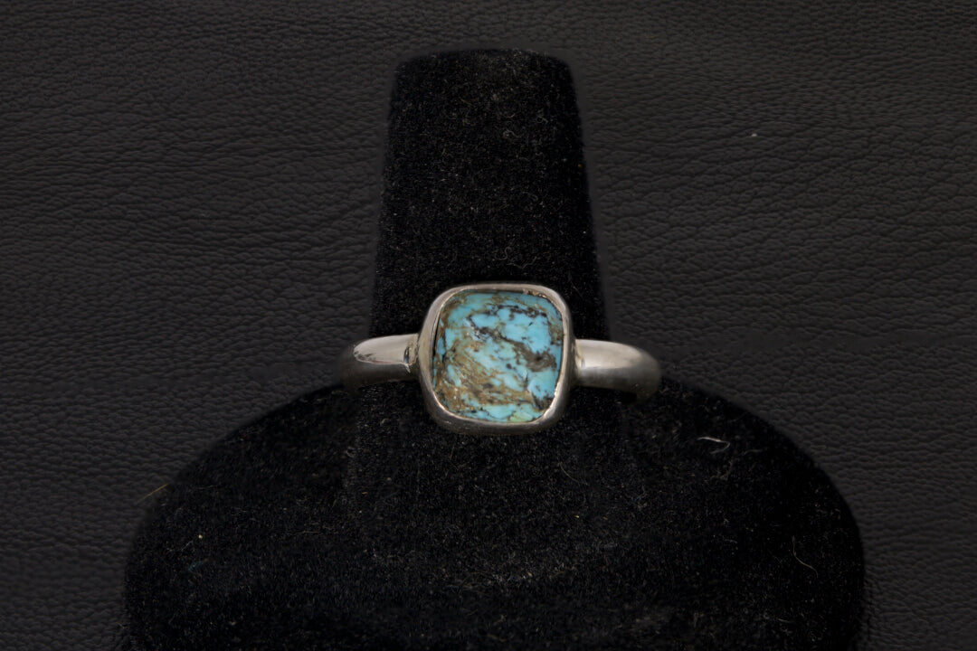 Square shaped Hubei Turquoise ring set in sterling silver with open back