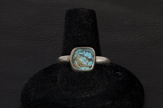 Square shaped Hubei Turquoise ring set in sterling silver with open back