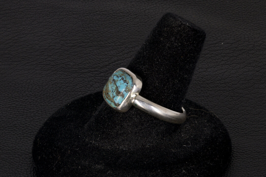 Square shaped Hubei Turquoise ring set in sterling silver with open back
