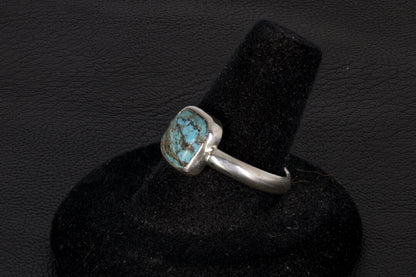 Square shaped Hubei Turquoise ring set in sterling silver with open back
