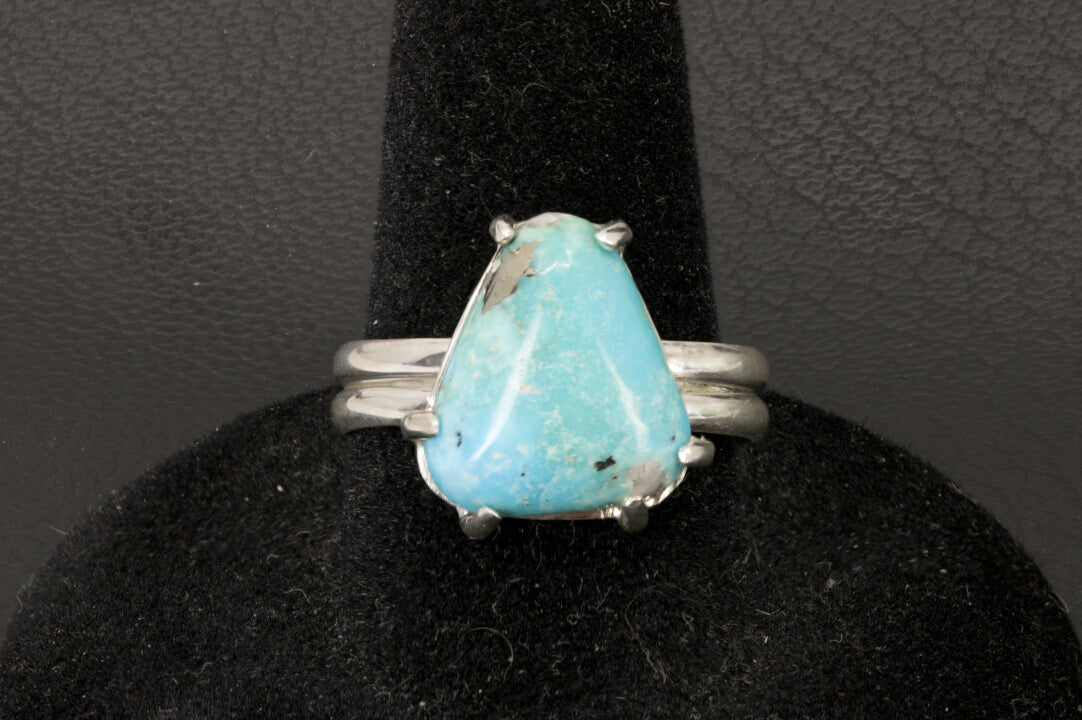 Arizona Turquoise with Pyrite and Quartz set in a double half round sterling silver ring band front photo.