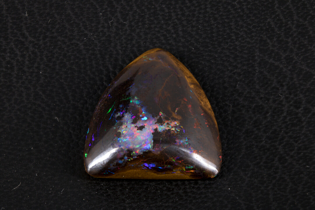 Koroit Boulder Opal Shield Cabochon with bright rainbow flash front picture