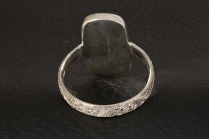 Chatoyant Larimar ring with decorative ring band back view