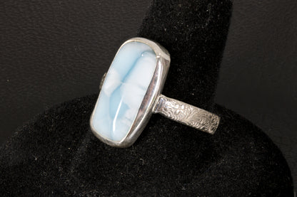 Chatoyant Larimar ring with decorative ring band right side view
