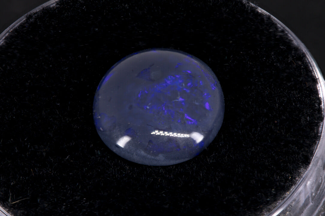 Lightning Ridge Black Opal with purple flash on a black background