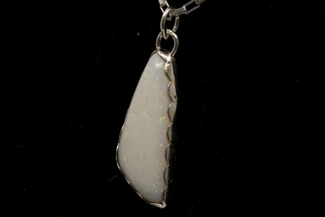 Australian Mintabie White Base Opal Pendant set in Sterling Silver left photo