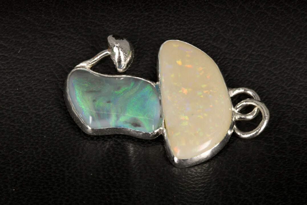 Mintabie Opal and Lightning Ridge Opal Mushroom Pendant set in Sterling Silver right side picture