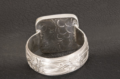 Square charoite ring with wide flower ring band size 10 back view