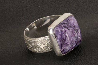 Square charoite ring with wide flower ring band size 10 left side view