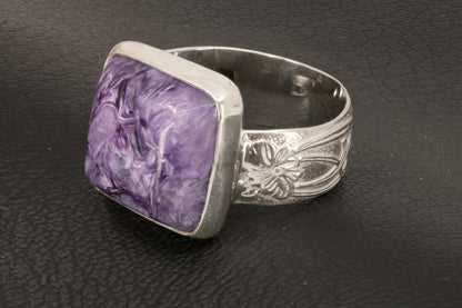 Square charoite ring with wide flower ring band size 10 right side view