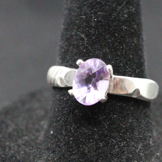 Beautiful oval cut Amethyst ring set in sterling silver with banded ring band, size 7 video