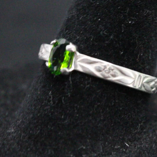 Chrome Diopside oval facet set in a sterling silver flower ring band video