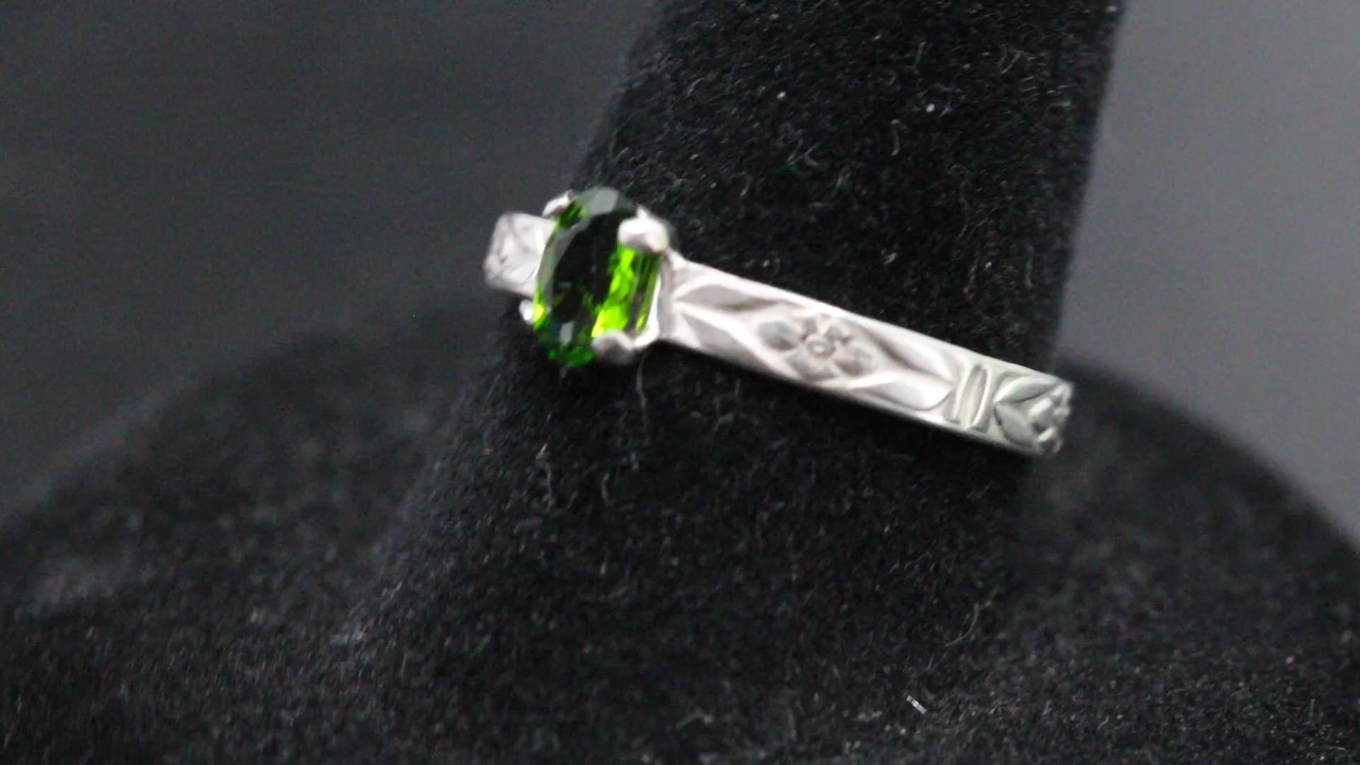 Chrome Diopside oval facet set in a sterling silver flower ring band video